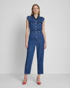 7 For All Mankind Denim Lustre Sleeveless Balloon Jumpsuit In Dark Indigo