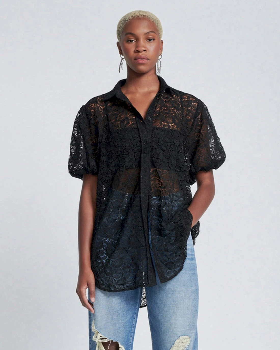 7 For All Mankind Puff Sleeve Lace Button-Up Tunic In Black 3 7 For All Mankind Puff Sleeve Lace Button-Up Tunic In Black