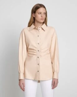 7 For All Mankind Faux Leather Cinched Waist Button Up Shirt In Nude