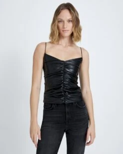 7 For All Mankind Faux Leather Ruched Cami In Black