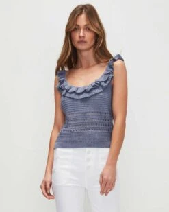 7 For All Mankind Crochet Front Tank In Denim Blue