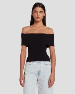 7 For All Mankind Off The Shoulder Ribbed Top In Black