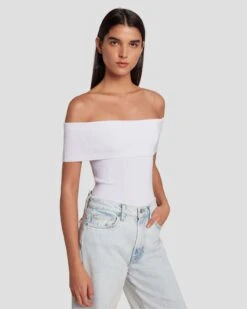7 For All Mankind Off The Shoulder Ribbed Top In Bright White
