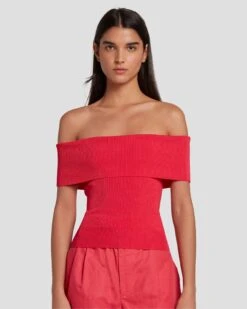7 For All Mankind Off The Shoulder Ribbed Top In Geranium