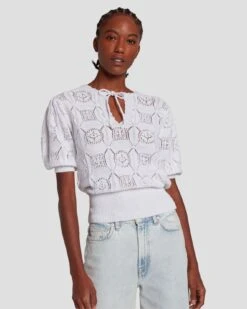 7 For All Mankind Short Sleeve Crochet Sweater In Bright White -Mod Cloth Store 7N118C72 BRW 3