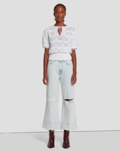 7 For All Mankind Short Sleeve Crochet Sweater In Bright White -Mod Cloth Store 7N118C72 BRW 6