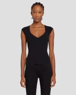7 For All Mankind Sweetheart Rib Top In Black