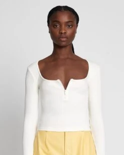 7 For All Mankind Quarter Zip Ribbed Top In Antique White