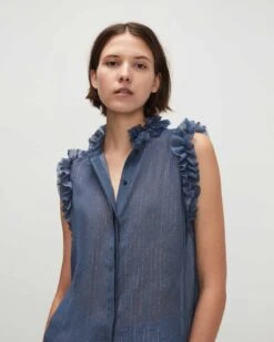 7 For All Mankind Sleeveless Lurex Stripe Ruffle Collar Shirt In Denim Blue -Mod Cloth Store 7N515C55 DBM 03