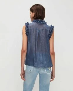 7 For All Mankind Sleeveless Lurex Stripe Ruffle Collar Shirt In Denim Blue -Mod Cloth Store 7N515C55 DBM 04