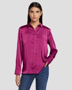 7 For All Mankind Satin Button Up Shirt In Raspberry