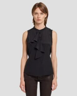 7 For All Mankind Silk Sleeveless Ruffle Blouse In Black