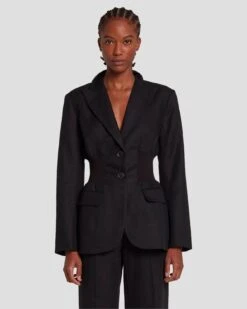7 For All Mankind Cinched Waist Linen Blazer In Black