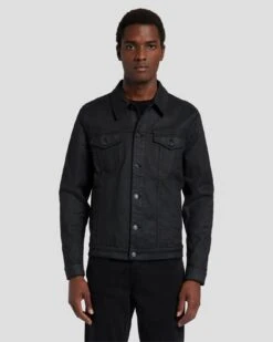 7 For All Mankind Perfect Trucker Jacket In Coated Black