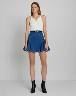 7 For All Mankind Denim Flounce Skirt In Aquamarine