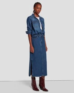 7 For All Mankind Denim Midi Skirt In Bluenote -Mod Cloth Store 7U835C86 BN3 5