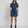 7 For All Mankind Denim Lustre Belted Shirtdress In Dark Indigo