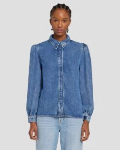 7 For All Mankind Denim Lustre Puff Sleeve Shirt In Daylily